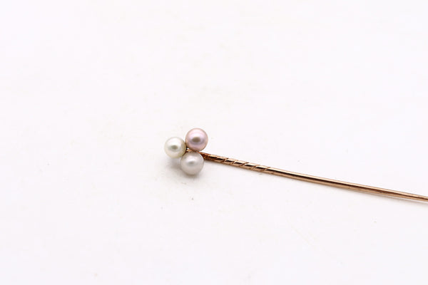 Edwardian 1910 Stick Pin In 18Kt Yellow Gold With Three Natural White Pearl In Period Box
