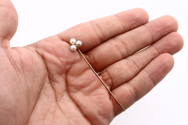 Edwardian 1910 Stick Pin In 18Kt Yellow Gold With Three Natural White Pearl In Period Box