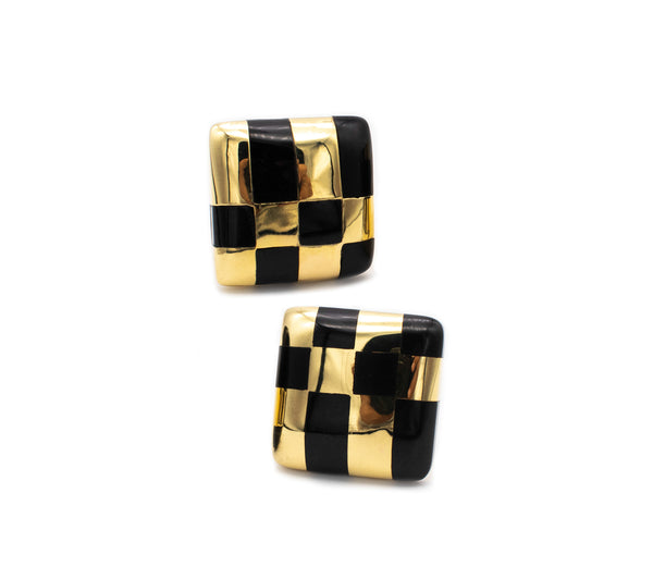 *Tiffany & Co. 1982 by Angela Cummings Checkerboard earrings in 18 kt gold with black jade