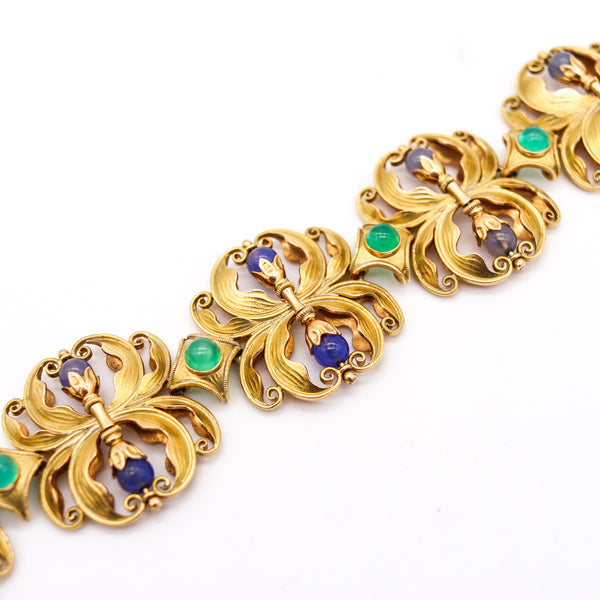 -Austria 1890 Art Nouveau Organic Links Bracelet In 18Kt Gold With Gemstones