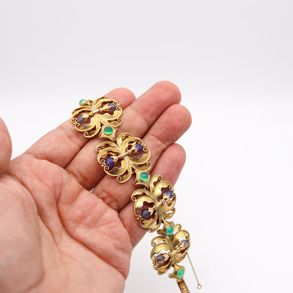 -Austria 1890 Art Nouveau Organic Links Bracelet In 18Kt Gold With Gemstones