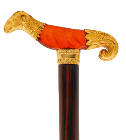 French Paris 1880 Neoclassic Walking Cane In 18Kt Gold With Carved Amber And Macassar Ebony