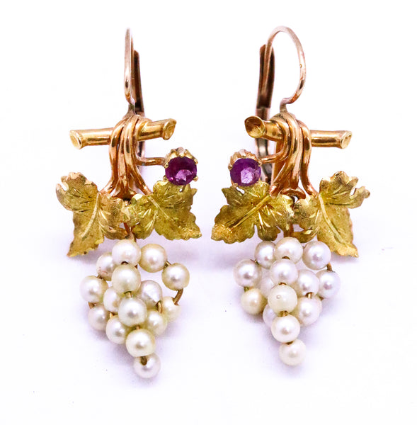 FRENCH BUNCH OF GRAPES 18 KT PEARLS 7 RUBY ANTIQUE EARRINGS