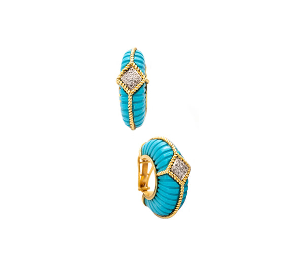 European Modernist Oversized Hoop Earrings In 18Kt Yellow Gold With Diamonds And Turquoises
