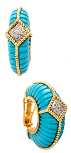European Modernist Oversized Hoop Earrings In 18Kt Yellow Gold With Diamonds And Turquoises