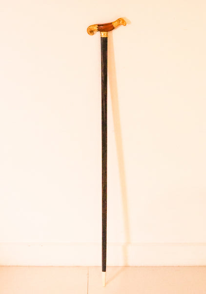 French Paris 1880 Neoclassic Walking Cane In 18Kt Gold With Carved Amber And Macassar Ebony