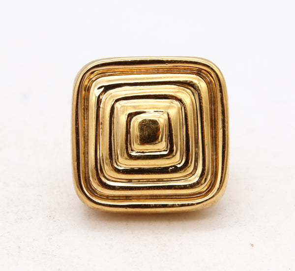 Italian Mid Century 1970 Geometric And Squared Cocktail Bold Ring In Solid 18Kt Yellow Gold