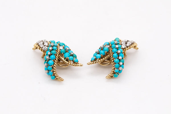 DAVID WEBB 1960'S NEW YORK EARRINGS IN 18 KT WITH 7.29 Ctw IN DIAMONDS & TURQUOISES