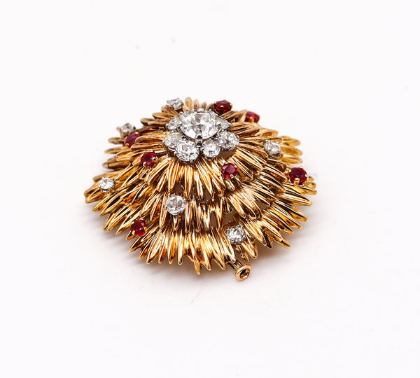 -Van Cleef Arpels 1960 Paris Brooch In 18Kt Gold With 4.64 Cts In Diamonds And Rubies