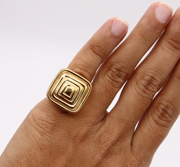 Italian Mid Century 1970 Geometric And Squared Cocktail Bold Ring In Solid 18Kt Yellow Gold