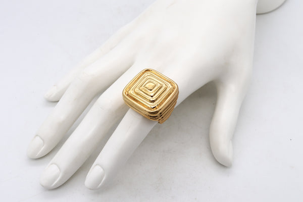 Italian Mid Century 1970 Geometric And Squared Cocktail Bold Ring In Solid 18Kt Yellow Gold