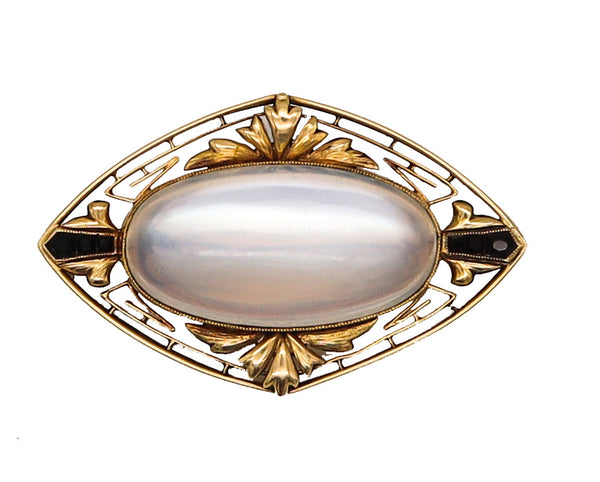 Art Deco 1920 Antique  Pendant Brooch In 18Kt Gold With 29.58 Ctw Moonstone And Onyx