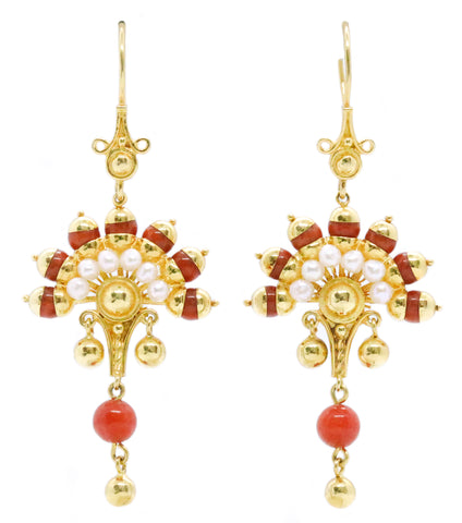 ARABIAN NIGHTS RED CORAL & PEARLS 14 KT GOLD EARRINGS