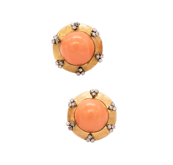 *Italian mid-century 1950's coral earrings in 18 kt yellow gold with 1.08 Cts diamonds