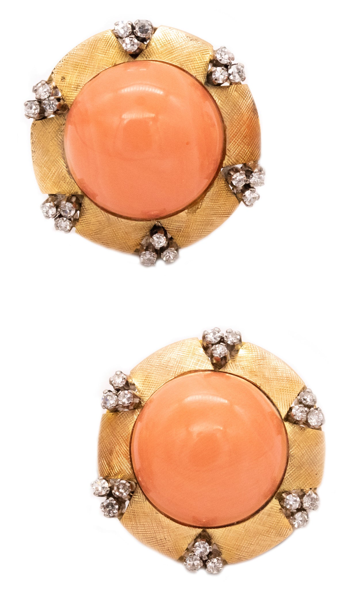 *Italian mid-century 1950's coral earrings in 18 kt yellow gold with 1.08 Cts diamonds