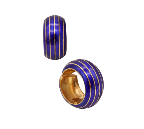 -Ottavio Molina 1970 Italian Blue Enameled Hoops Earrings In 18Kt Yellow Gold