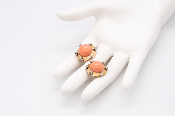 *Italian mid-century 1950's coral earrings in 18 kt yellow gold with 1.08 Cts diamonds