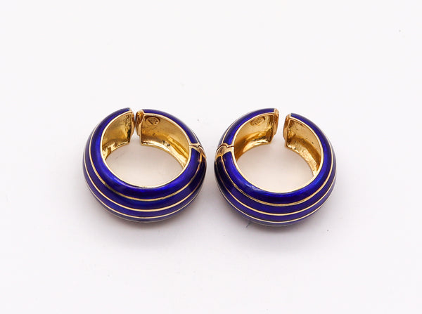 -Ottavio Molina 1970 Italian Blue Enameled Hoops Earrings In 18Kt Yellow Gold