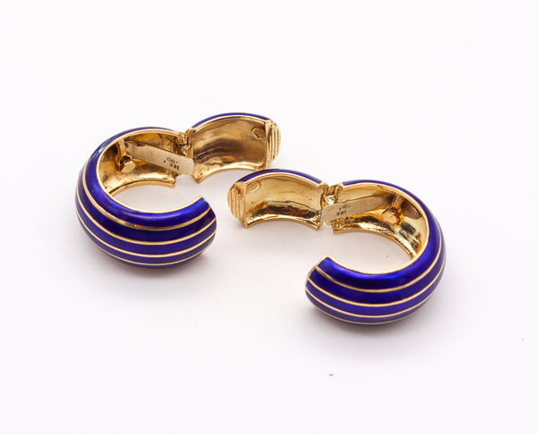-Ottavio Molina 1970 Italian Blue Enameled Hoops Earrings In 18Kt Yellow Gold
