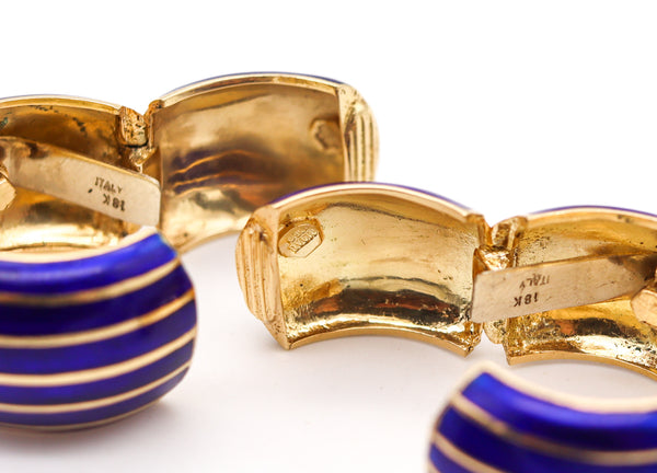 -Ottavio Molina 1970 Italian Blue Enameled Hoops Earrings In 18Kt Yellow Gold