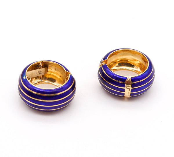 -Ottavio Molina 1970 Italian Blue Enameled Hoops Earrings In 18Kt Yellow Gold