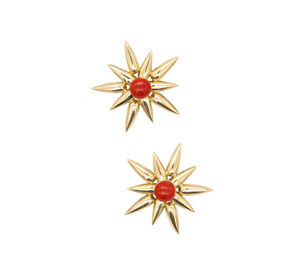 *Modern designer earrings in 18 kt yellow gold with 15 cts of Ox-Blood Coral