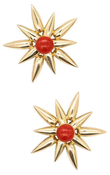 *Modern designer earrings in 18 kt yellow gold with 15 cts of Ox-Blood Coral