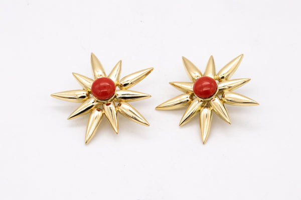 *Modern designer earrings in 18 kt yellow gold with 15 cts of Ox-Blood Coral