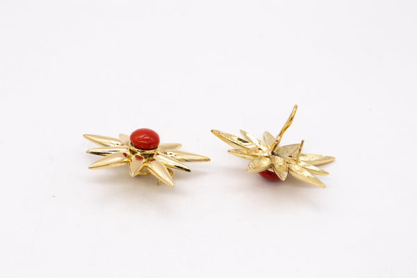 *Modern designer earrings in 18 kt yellow gold with 15 cts of Ox-Blood Coral