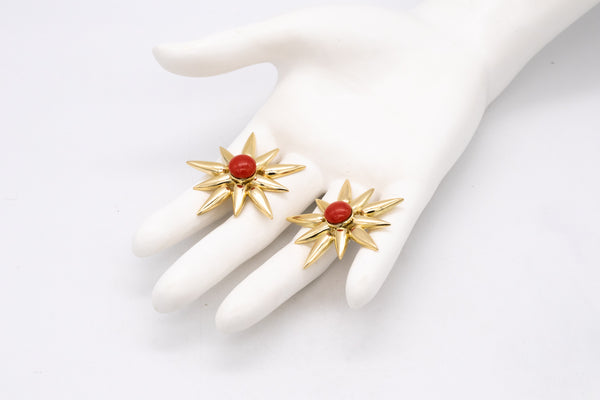 *Modern designer earrings in 18 kt yellow gold with 15 cts of Ox-Blood Coral