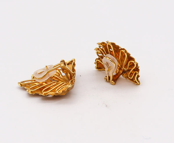 -Mario Buccellati 1970 Oversized Leafs Clips Earrings In Textured 18Kt Yellow Gold