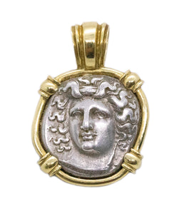 THESSALY LARISSA 350th BC GREEK SILVER DRACHMA COIN IN 18 KT PENDANT WITH COA