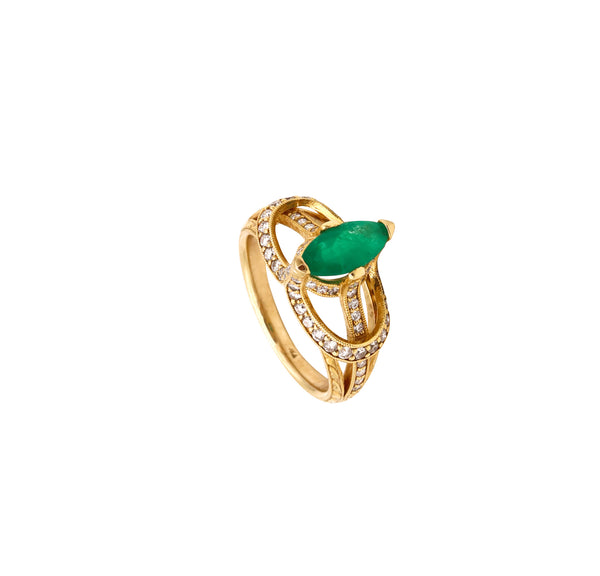 Edwardian Revival Cocktail Ring In 18Kt Yellow Gold With 2.07 Cts In Diamonds And Emerald