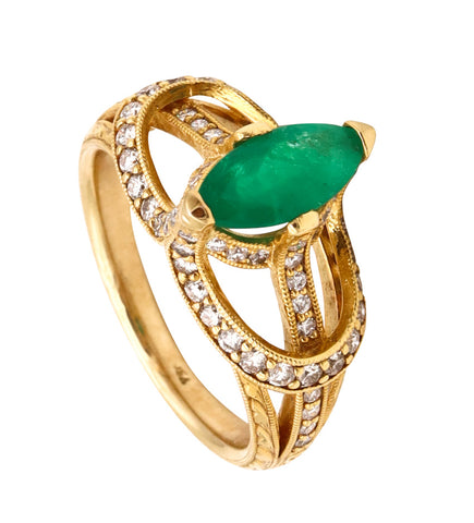 Edwardian Revival Cocktail Ring In 18Kt Yellow Gold With 2.07 Cts In Diamonds And Emerald