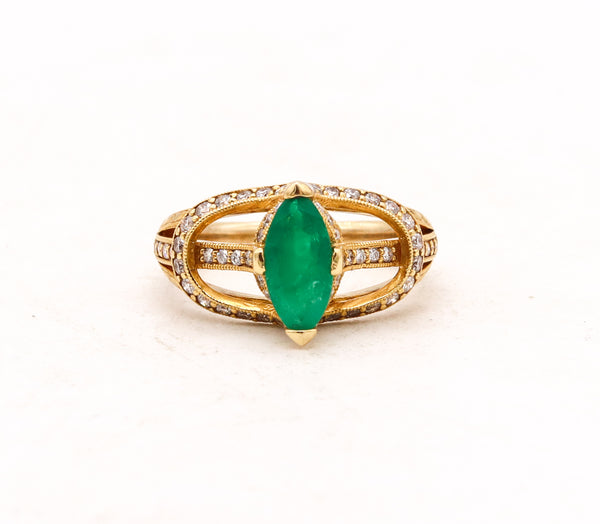 Edwardian Revival Cocktail Ring In 18Kt Yellow Gold With 2.07 Cts In Diamonds And Emerald