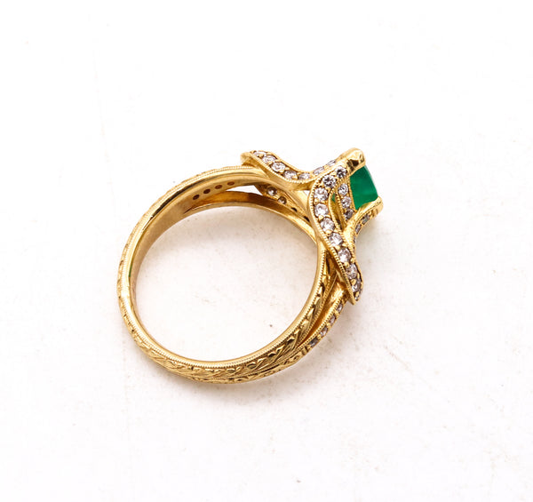 Edwardian Revival Cocktail Ring In 18Kt Yellow Gold With 2.07 Cts In Diamonds And Emerald
