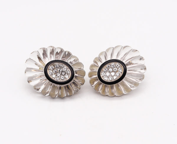 -Modernist 1970 Rock Quartz Clip On Earrings In 18Kt Gold With 1.68 Cts In Diamonds