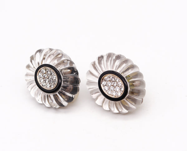 -Modernist 1970 Rock Quartz Clip On Earrings In 18Kt Gold With 1.68 Cts In Diamonds