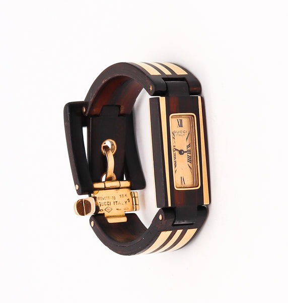 Gucci France 1968 Rare Buckle Bracelet Watch in Macassar Wood With Inlaid Of 18Kt Gold