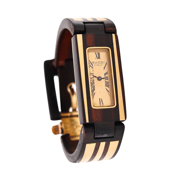 Gucci France 1968 Rare Buckle Bracelet Watch in Macassar Wood With Inlaid Of 18Kt Gold
