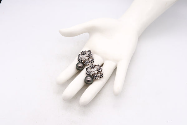 Italian Modern Cluster Earring In 18Kt White Gold With Cts In Diamonds And Tahitian Black Pearls