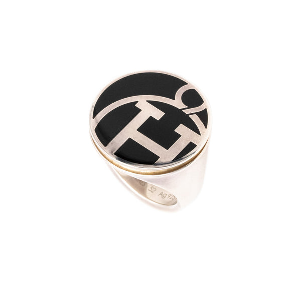 *Hermes Paris H logo large cocktail ring in .925 sterling silver and black enamel