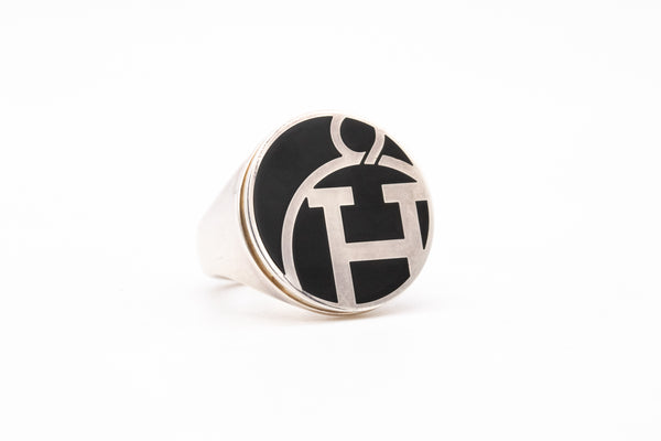 *Hermes Paris H logo large cocktail ring in .925 sterling silver and black enamel