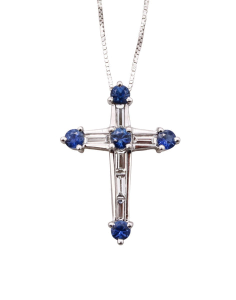 *Seidengang chain Cross in 18 kt white gold with 1.10 Cts in VS diamonds and Ceylon sapphires