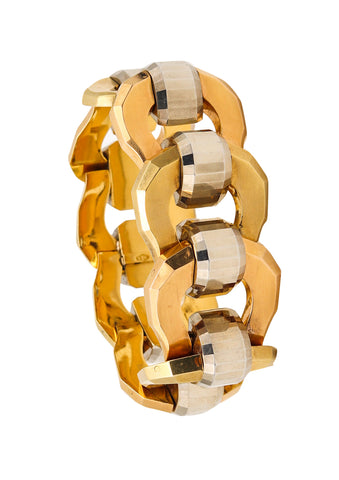 Italy 1930 Milan Art Deco Rare Tank Bracelet In Two Tones Of Faceted 18Kt Gold
