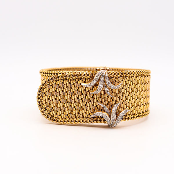 French 1950 Mid Century Mesh Buckle Bracelet In 18Kt Gold With Diamonds Accents