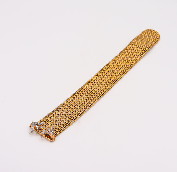 French 1950 Mid Century Mesh Buckle Bracelet In 18Kt Gold With Diamonds Accents