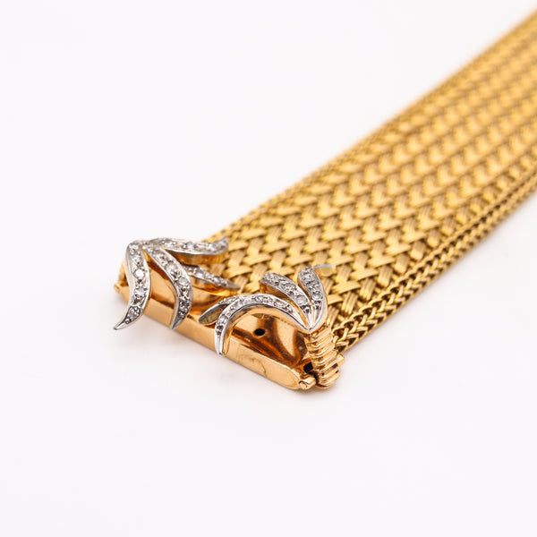 French 1950 Mid Century Mesh Buckle Bracelet In 18Kt Gold With Diamonds Accents