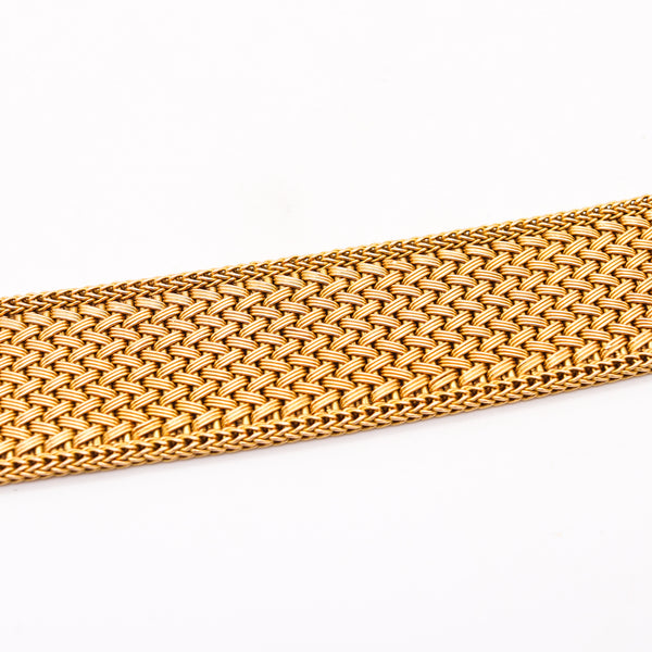 French 1950 Mid Century Mesh Buckle Bracelet In 18Kt Gold With Diamonds Accents