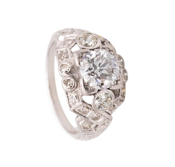 ART DECO ANTIQUE 1930'S PLATINUM ENGAGEMENT RING WITH 2.15 Ctw IN DIAMONDS